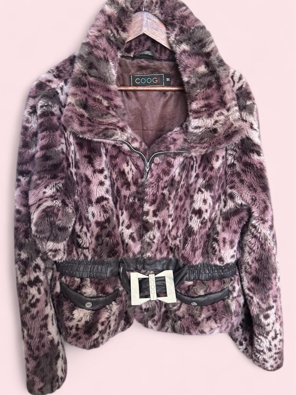 Vintage COOGI Y2K Purple Faux Fur Belted Jacket - Plus Size 3X RARE